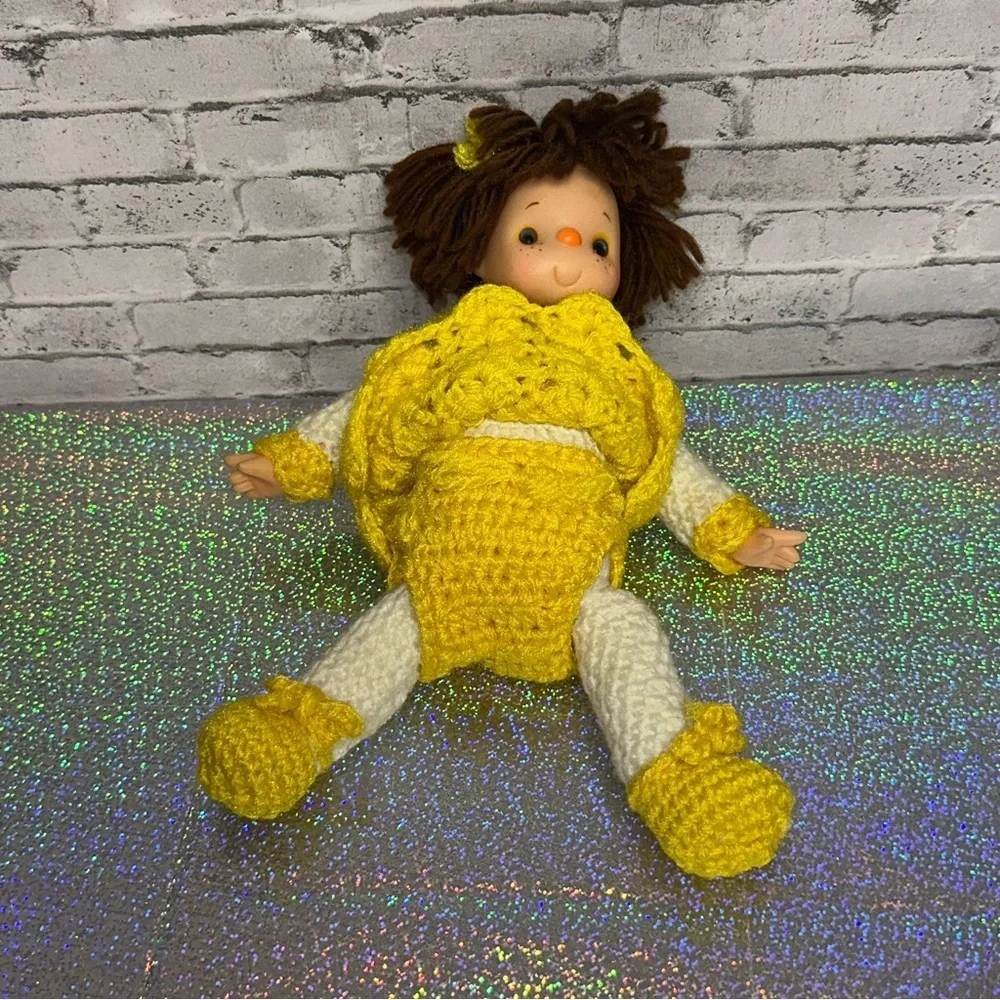 Vintage Hand Crochet Doll with Knitted Yellow Dress 11in Tall Yellow White